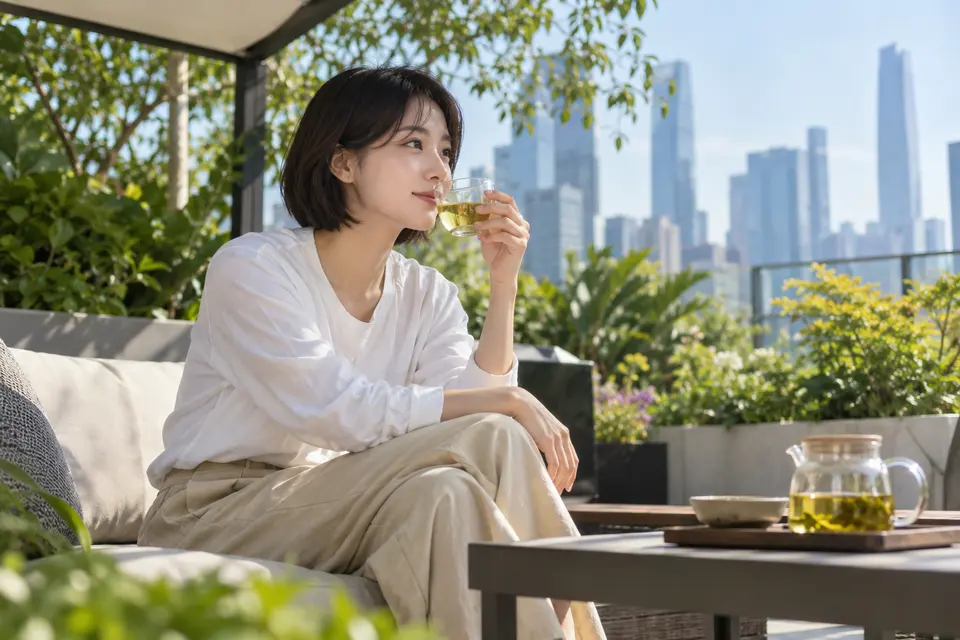 城市花园中的冷泡茶与玻璃杯，户外品茶场景