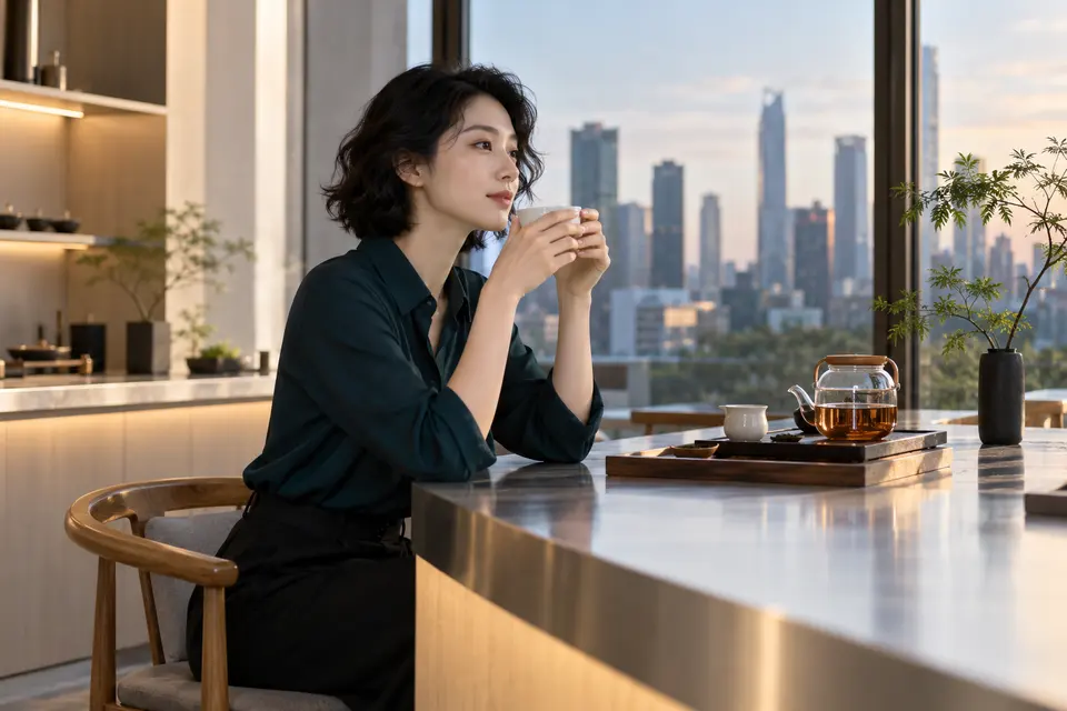 现代设计茶吧内的白瓷茶具与品茶场景